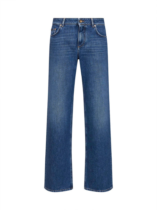 Blue cotton denim loose straight-leg jeans