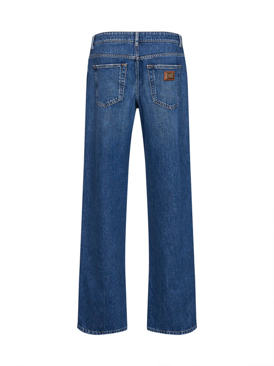 Blue cotton denim loose straight-leg jeans