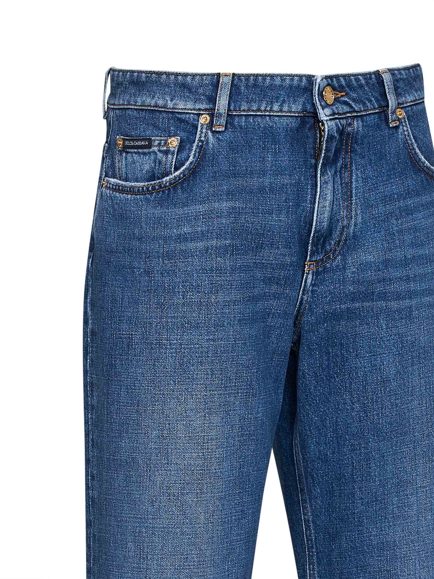 Blue cotton denim loose straight-leg jeans