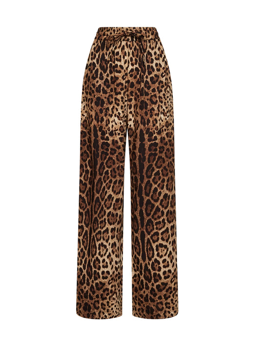 Leo-print stretch silk wide-leg trousers