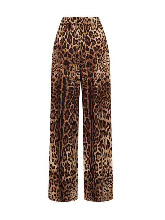 Leo-print stretch silk wide-leg trousers