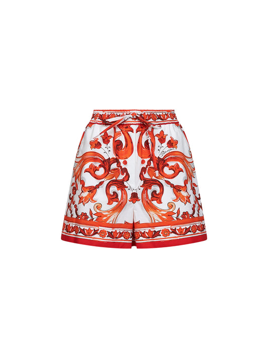 Orange Maiolica-print poplin Bermuda shorts