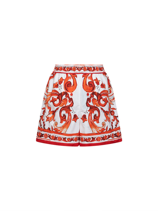 Orange Maiolica-print poplin Bermuda shorts