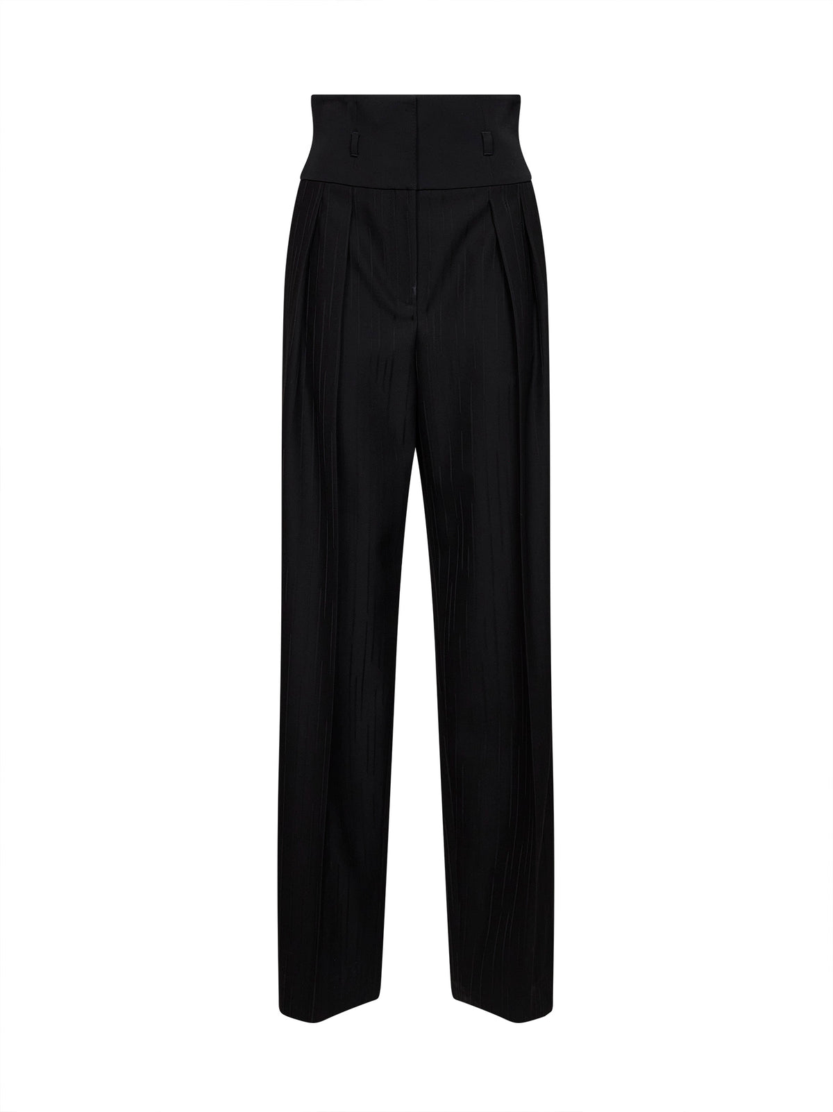 Pantaloni con baschina in jacquard di lana rigata nera