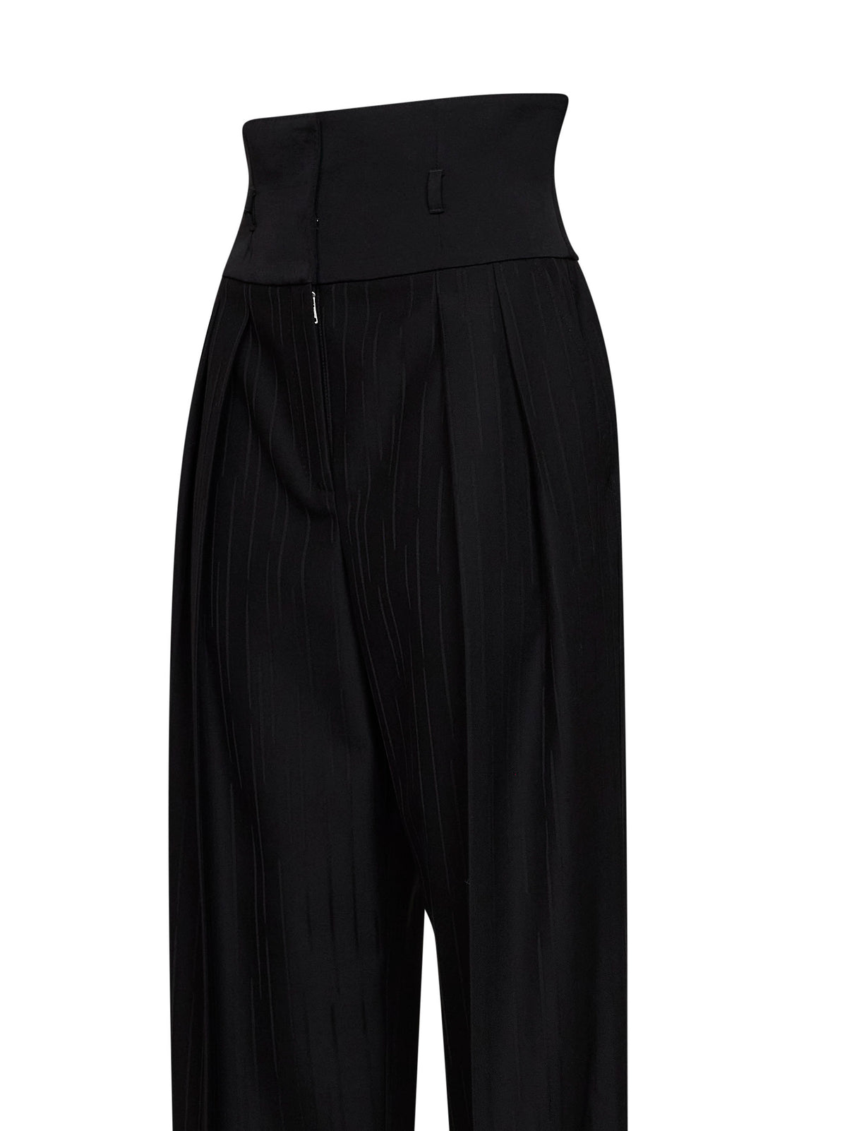 Pantaloni con baschina in jacquard di lana rigata nera