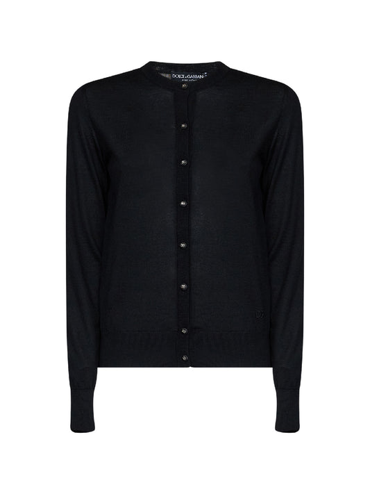 Black cashmere and silk knit cardigan with logo