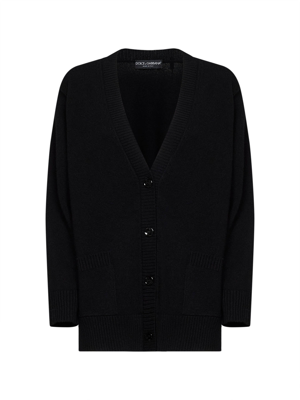 Black virgin wool knit cardigan with logo embroidery