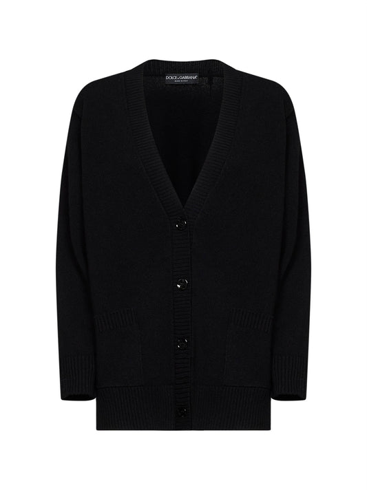 Black virgin wool knit cardigan with logo embroidery