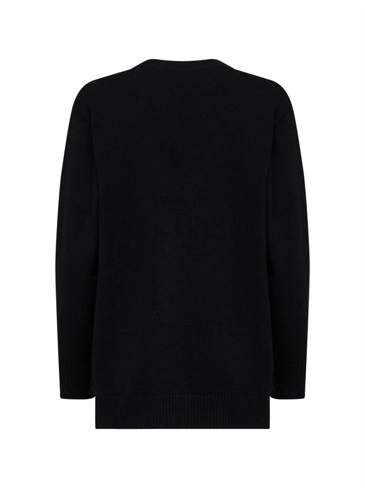 Black virgin wool knit cardigan with logo embroidery
