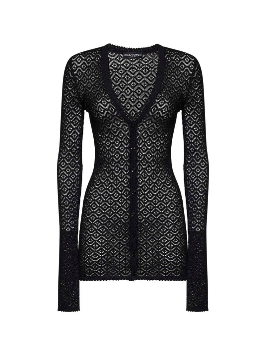 Black stretch lace long cardigan