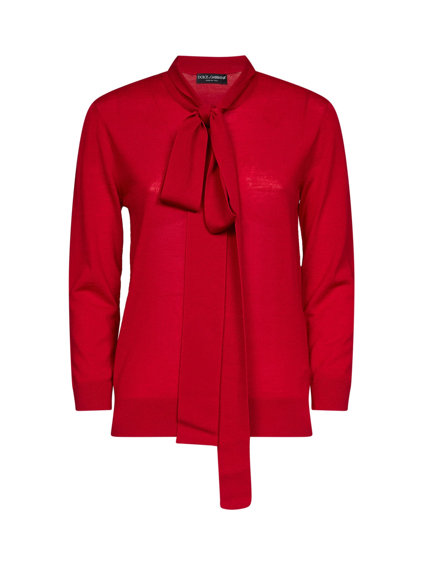 Red wool henley sweater with lavallière tie