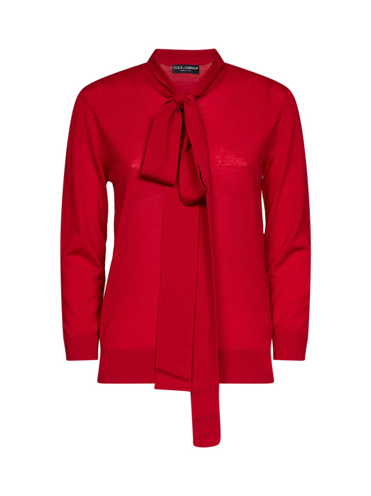 Red wool henley sweater with lavallière tie