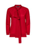 Red wool henley sweater with lavallière tie