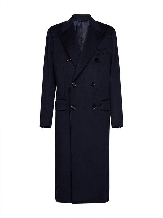 Midnight blue virgin wool long double-breasted coat