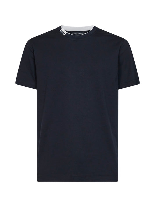 Dark blue cotton jersey T-shirt with logo label