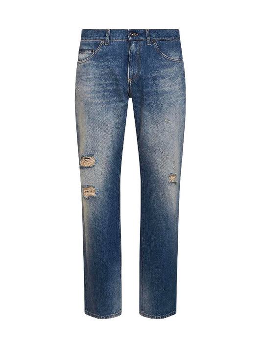 Light blue distressed cotton denim classic jeans