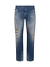 Light blue distressed cotton denim classic jeans