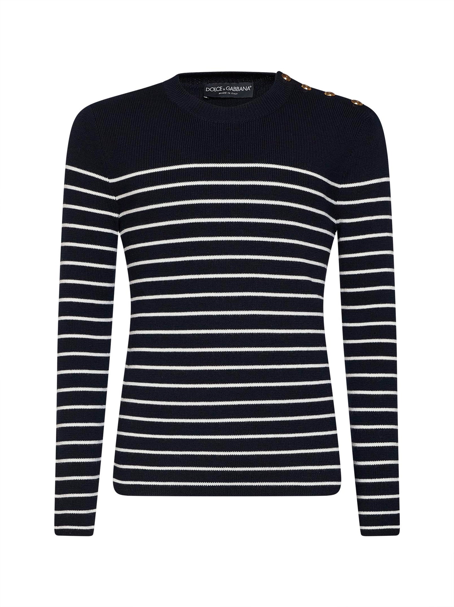 Blue and white virgin wool knit striped crewneck sweater