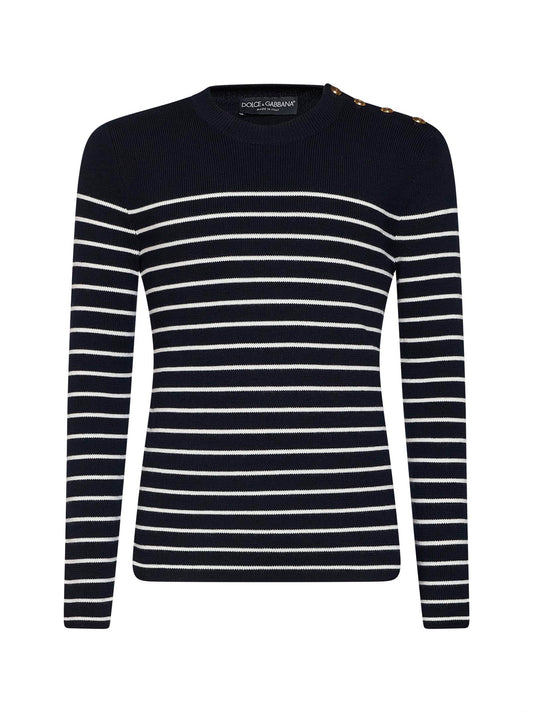 Blue and white virgin wool knit striped crewneck sweater