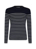 Blue and white virgin wool knit striped crewneck sweater