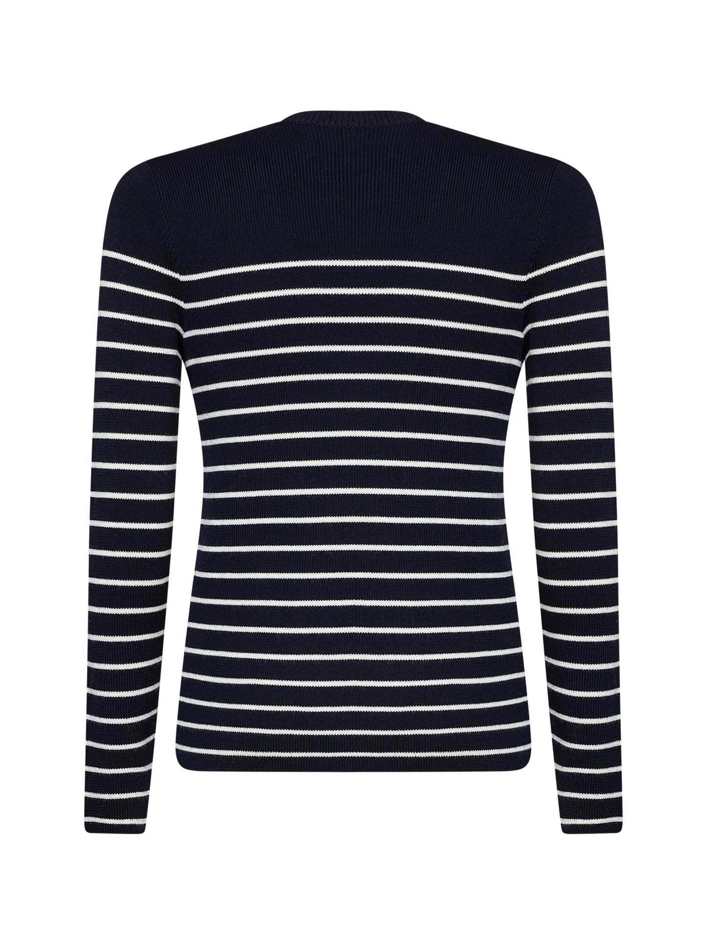 Blue and white virgin wool knit striped crewneck sweater
