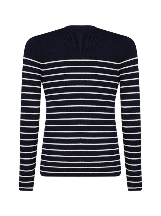 Blue and white virgin wool knit striped crewneck sweater