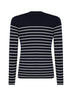 Blue and white virgin wool knit striped crewneck sweater