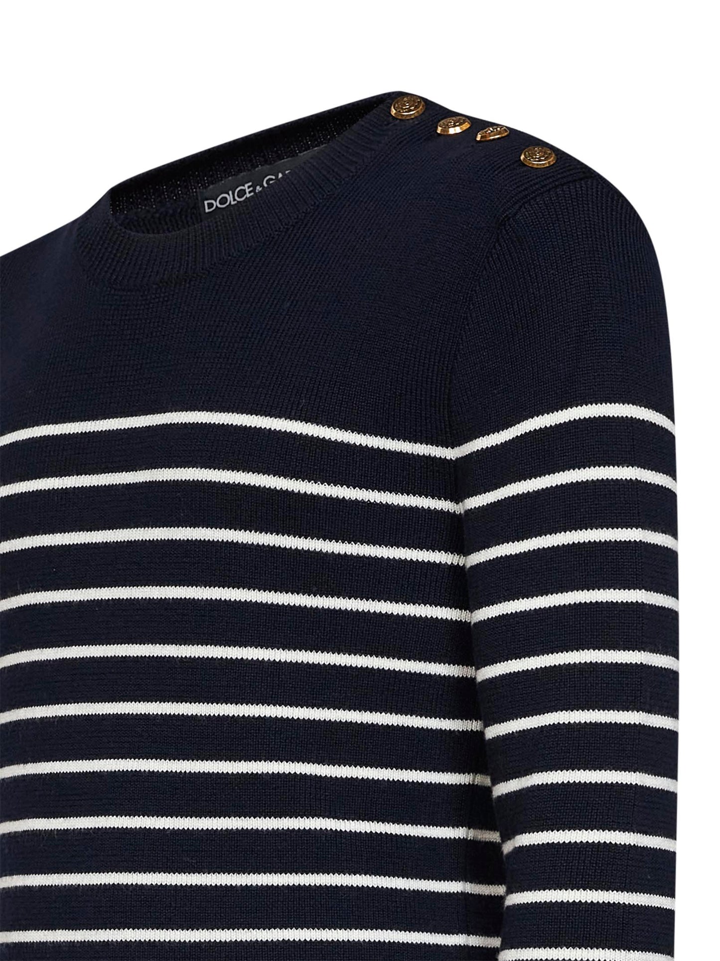 Blue and white virgin wool knit striped crewneck sweater