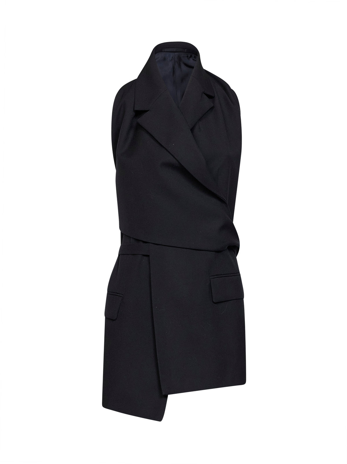 Top a gilet con schiena scoperta Geline in twill di lana nero