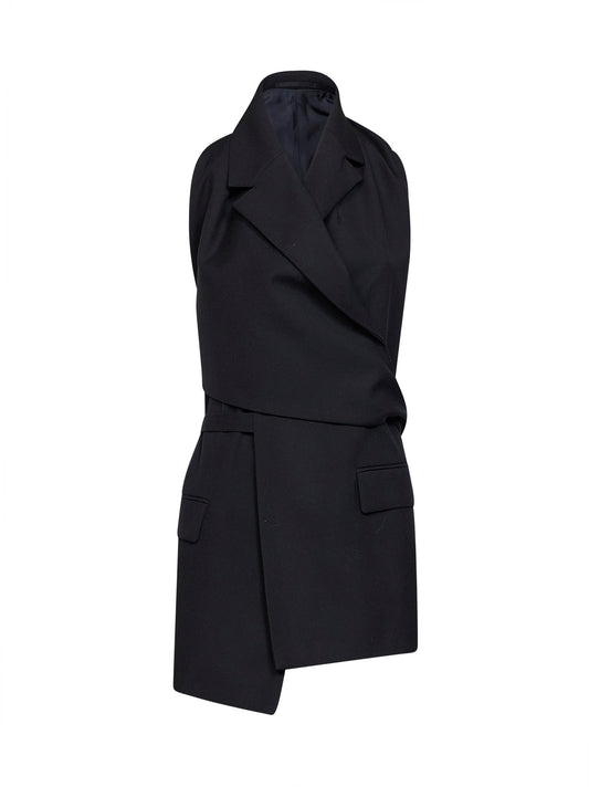 Top a gilet con schiena scoperta Geline in twill di lana nero