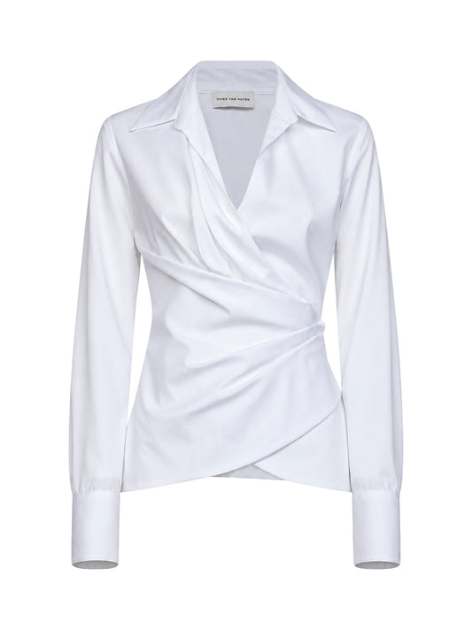 White cotton poplin wrap shirt