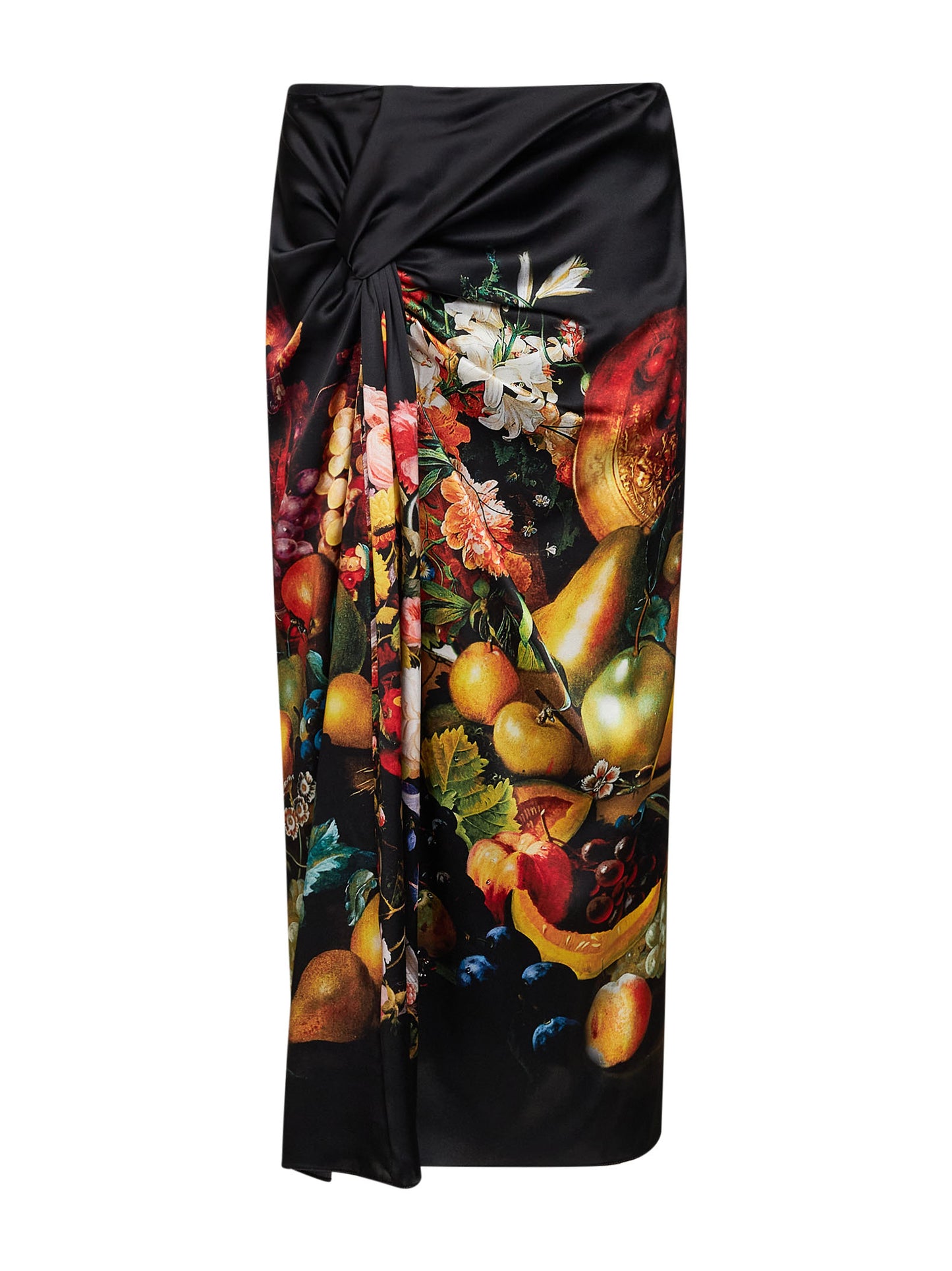 Black Flemish Painting-print silk Suma draped skirt