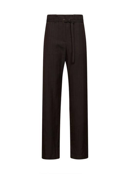 Brown striped viscose jacquard belted trousers