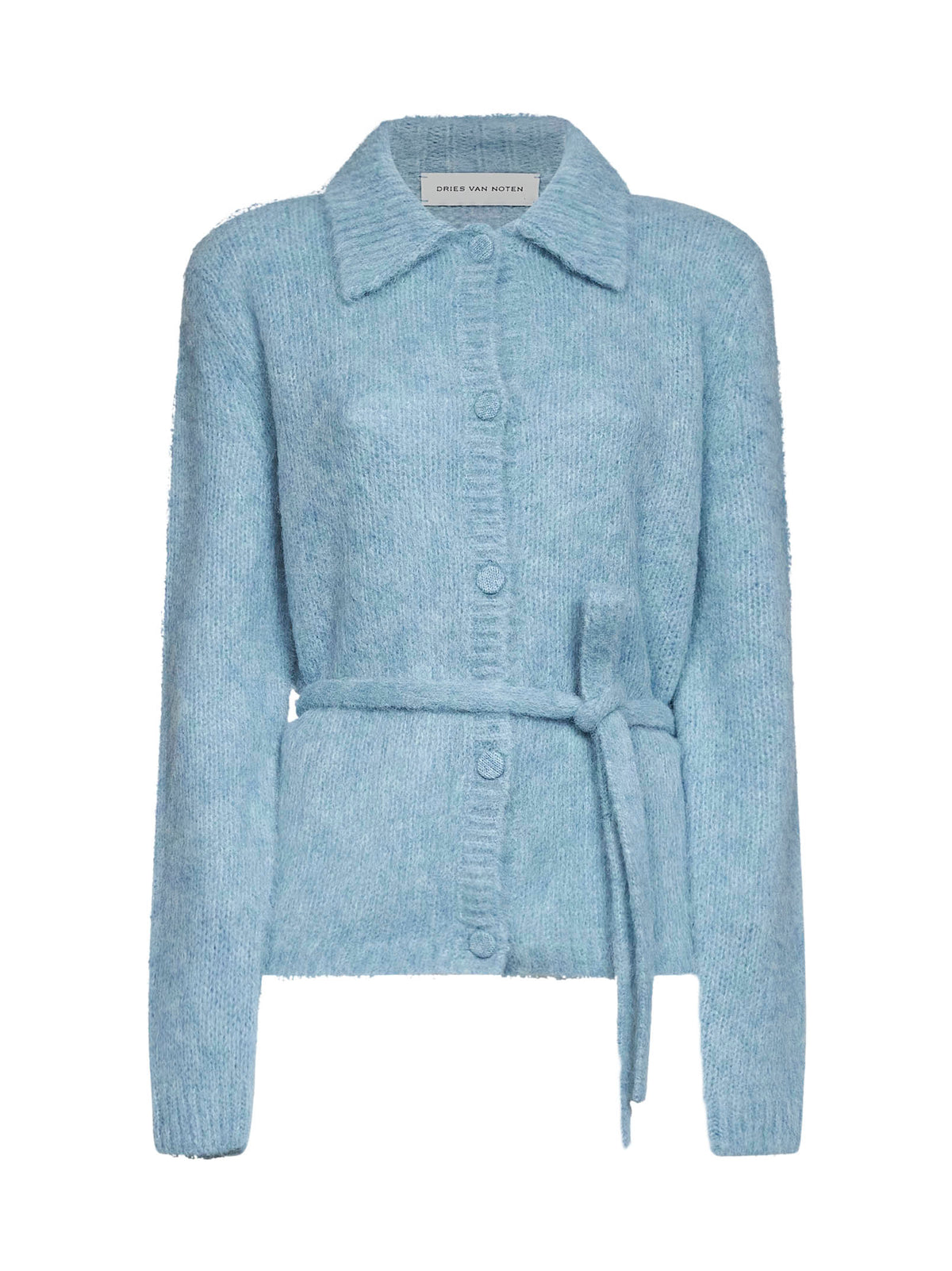 Light blue alpaca blend Toco belted polo-style cardigan