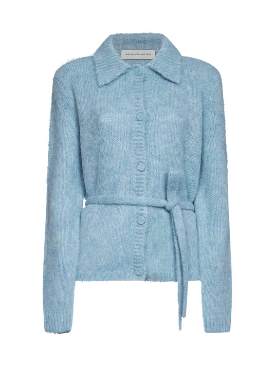 Light blue alpaca blend Toco belted polo-style cardigan