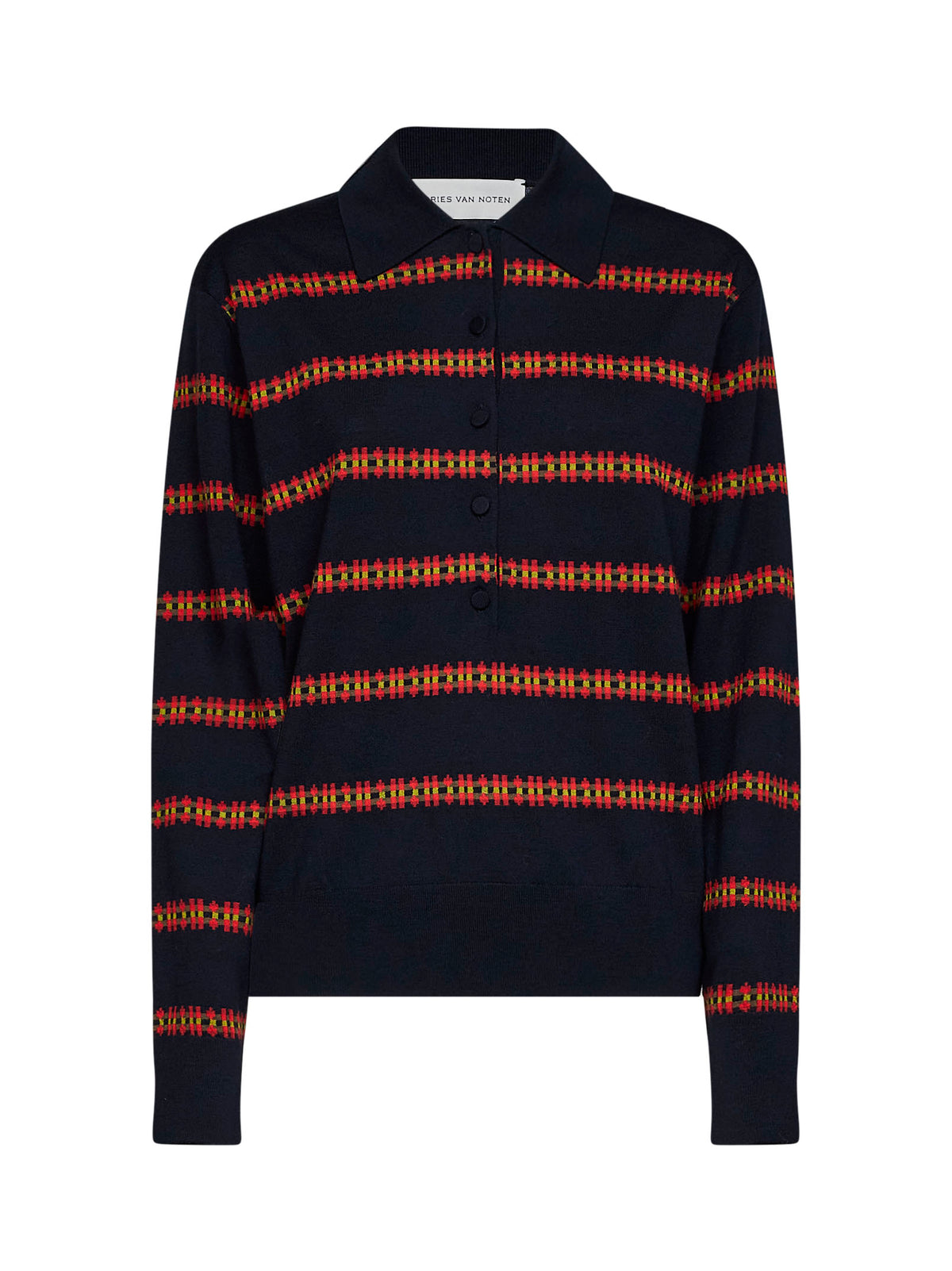 Navy blue striped knit long-sleeved polo shirt