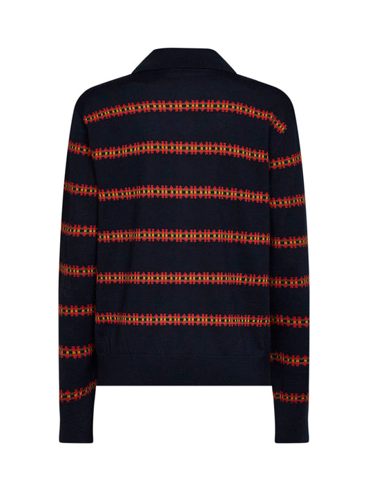 Navy blue striped knit long-sleeved polo shirt