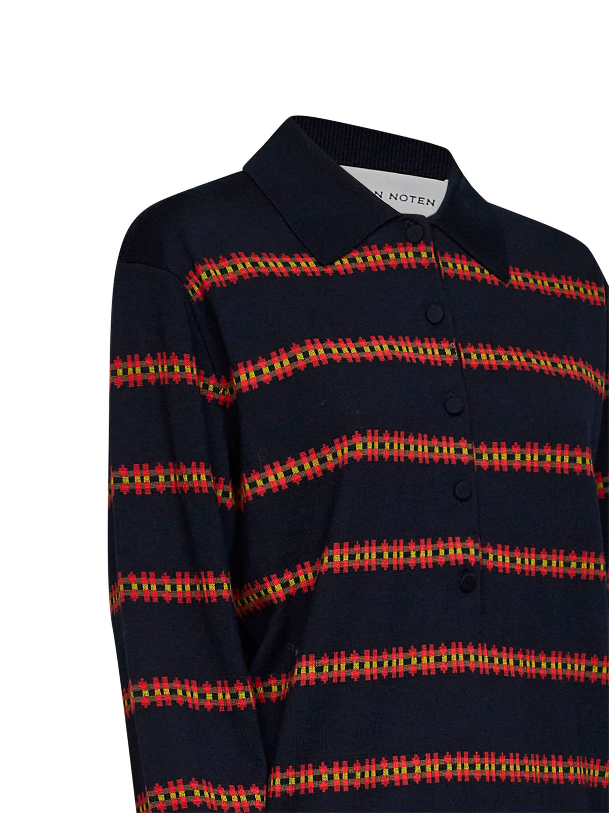 Navy blue striped knit long-sleeved polo shirt
