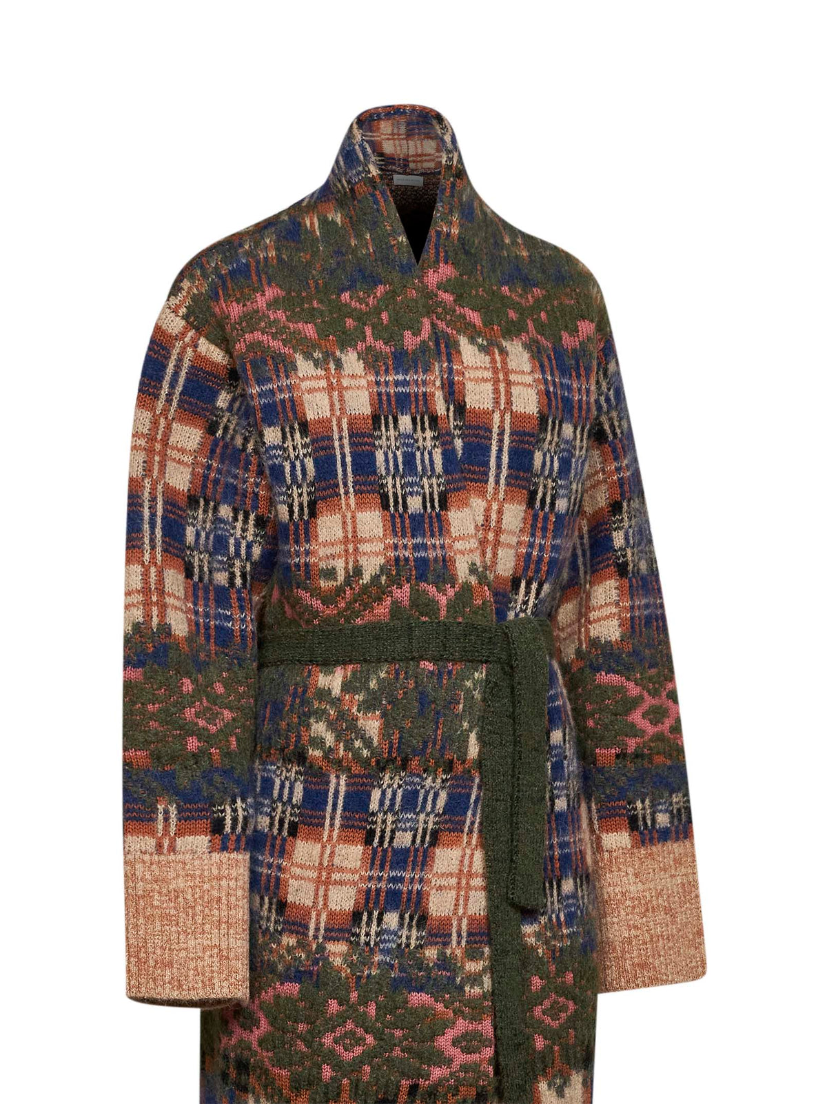 Cardigan lungo con cintura Telos in misto lana patchwork