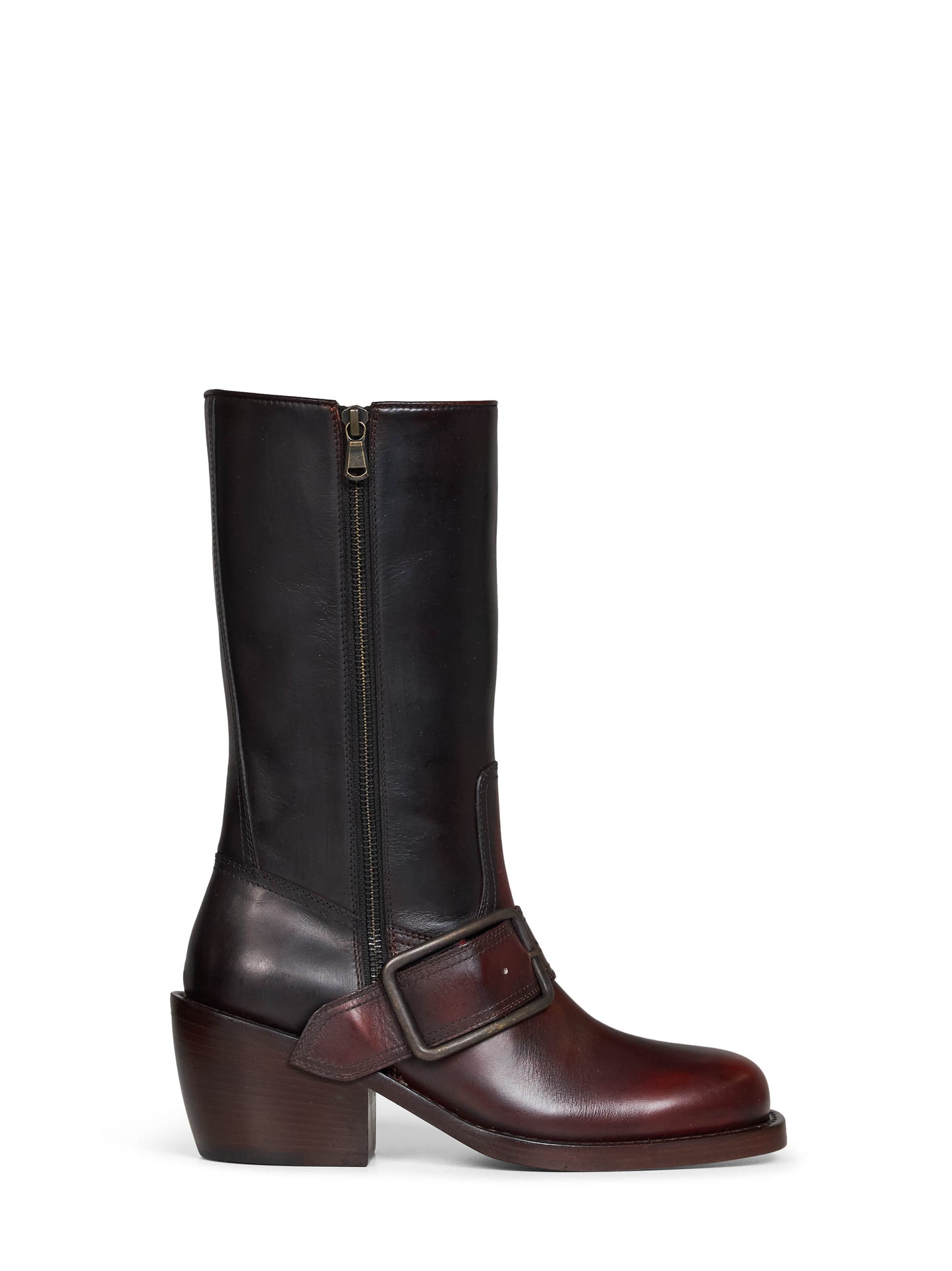 Tan brushed leather buckled mid-calf boots