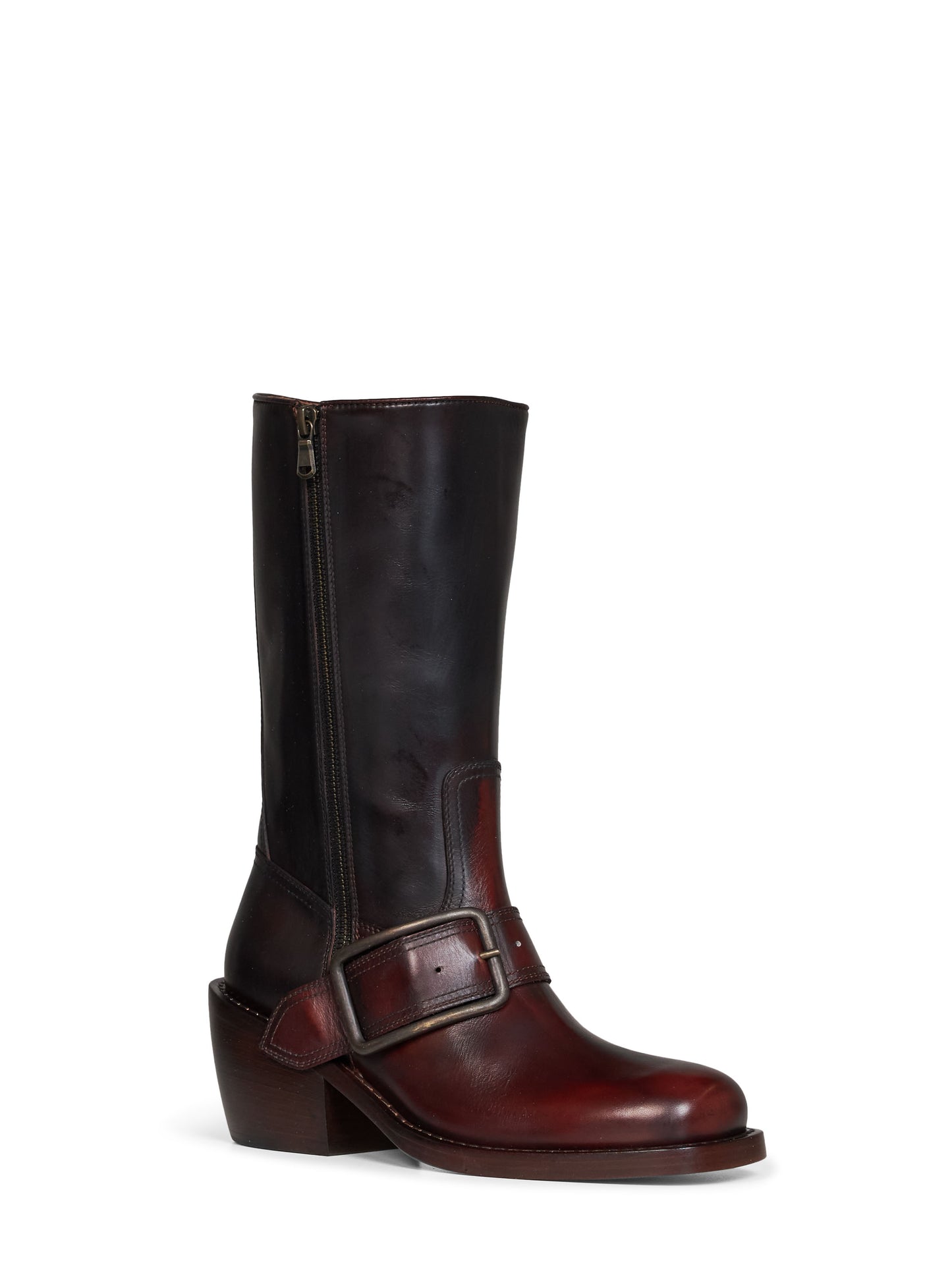 Tan brushed leather buckled mid-calf boots