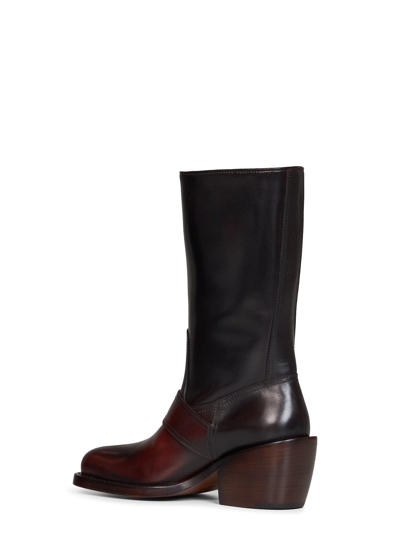 Tan brushed leather buckled mid-calf boots