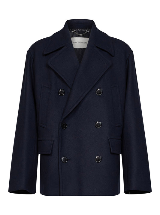 Caban doppiopetto Rascott in misto lana blu navy<BR/>