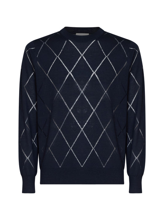 Navy blue diamond-pattern wool knit Murton sweater