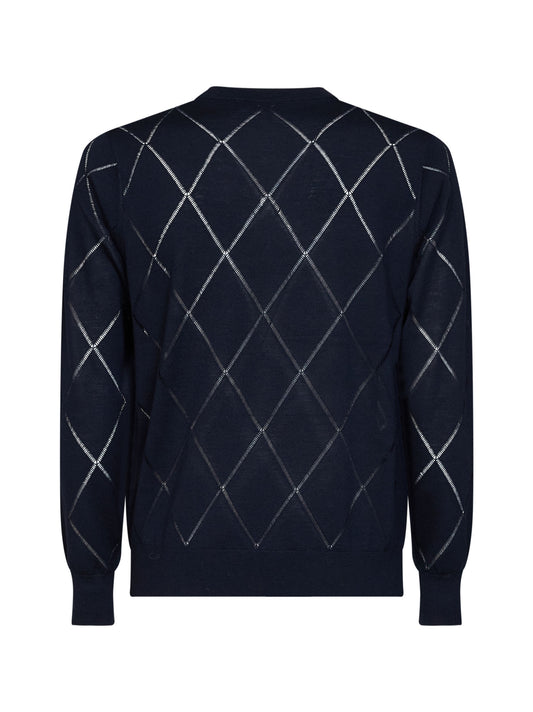 Navy blue diamond-pattern wool knit Murton sweater