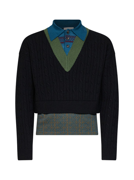 Black wool and cotton layered sweater