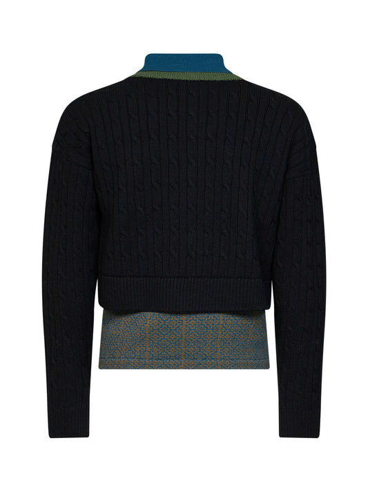 Black wool and cotton layered sweater