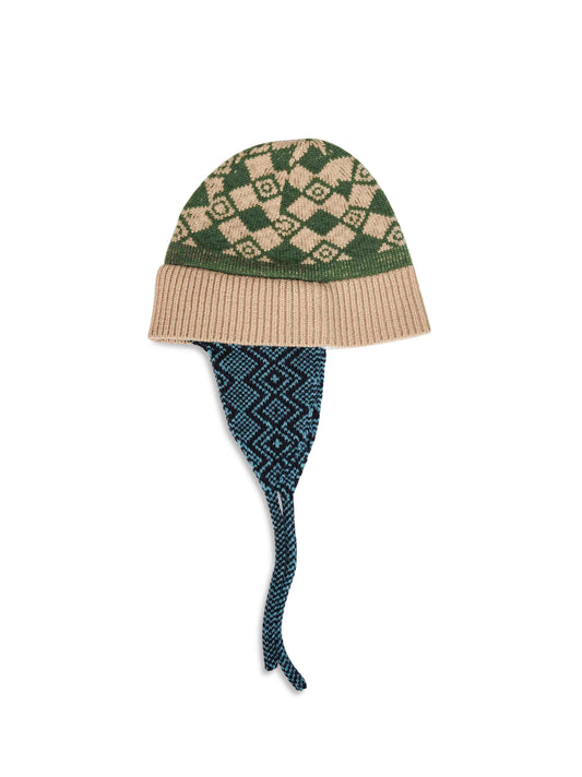 Multicolor jacquard wool beanie with earflaps