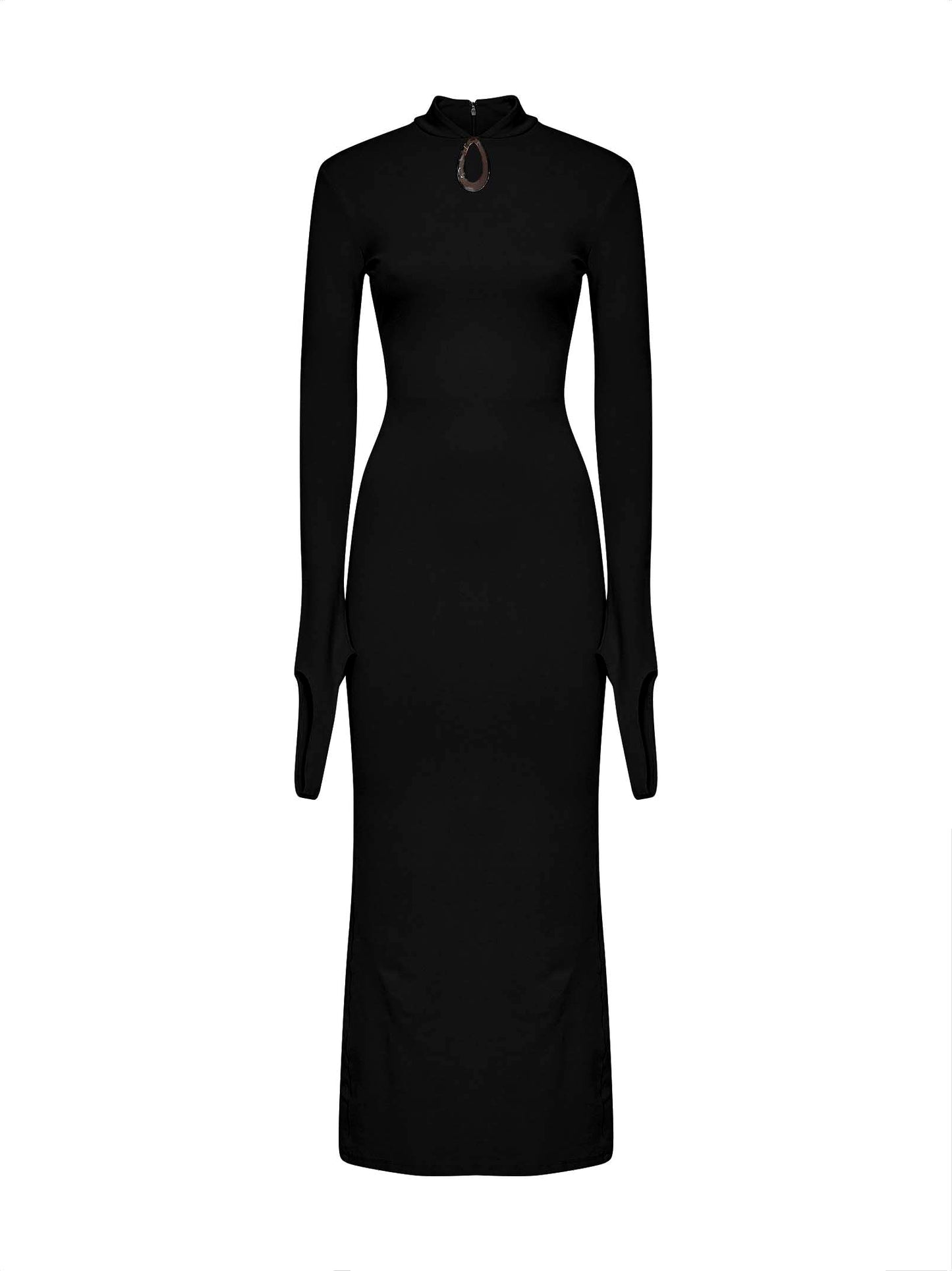 Black stretch jersey midi dress with jeweled detail
