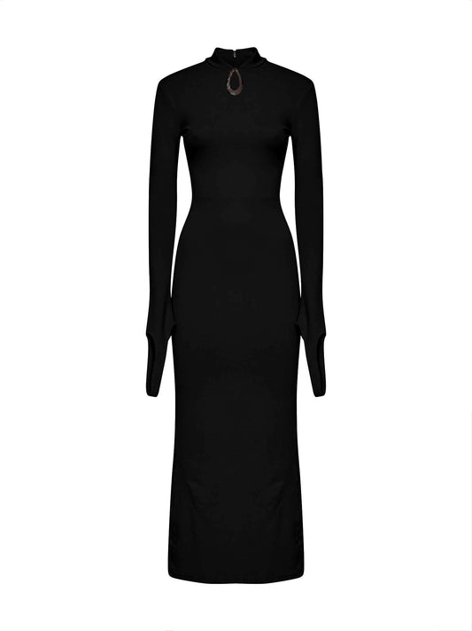 Abito midi in jersey stretch nero con dettaglio gioiello